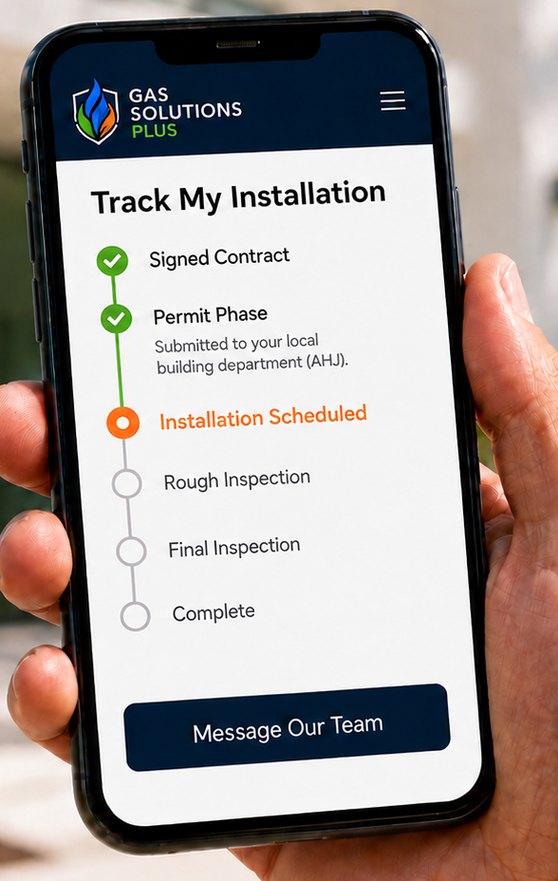 A phone showing the Gas Solutions Plus installation tracker