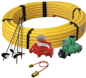 Yellow PE gas pipe, risers, regulators and propane installation fittings