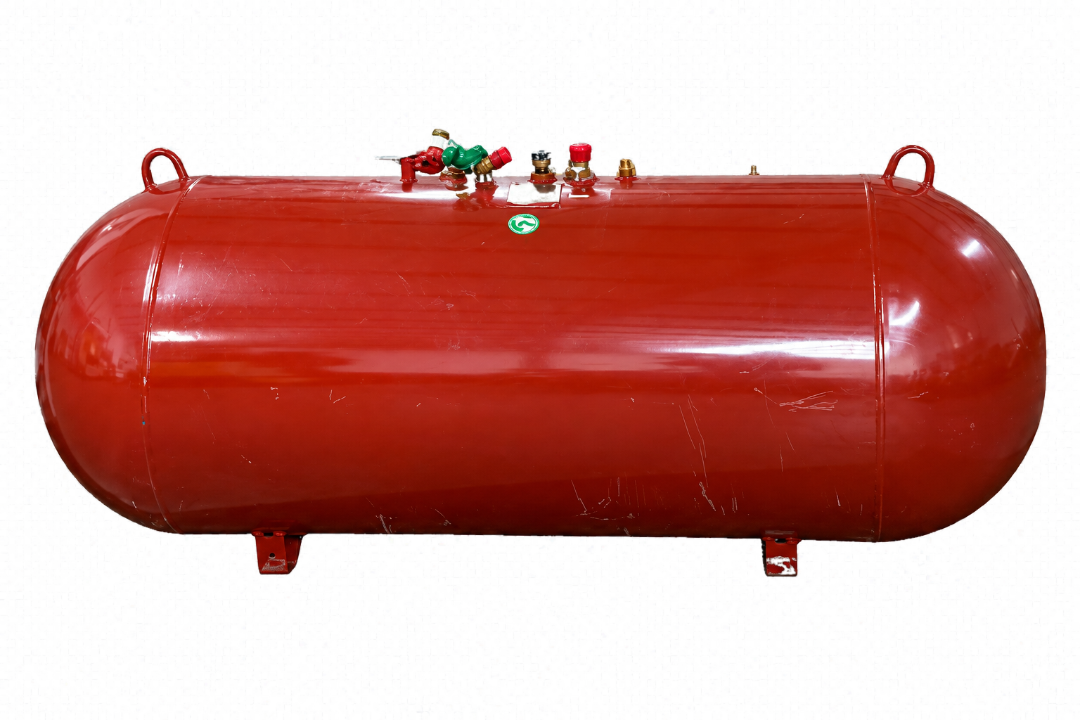 Real red propane tank with visible valves and gauges from Gas Solutions Plus inventory