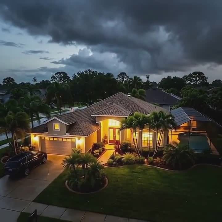 Aerial view of a Florida neighborhood at dusk during a storm, one home lit while the rest of the block is dark